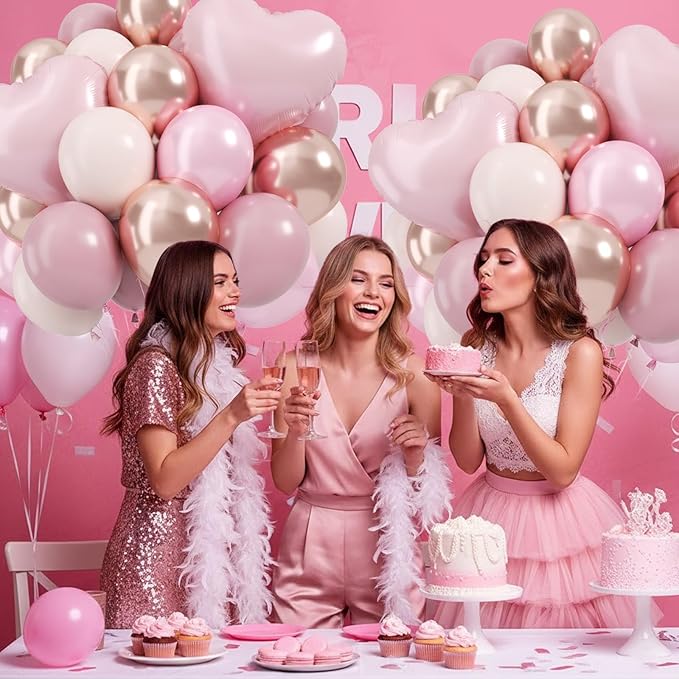 Dusty Pink Balloons, 12 Inch Double Stuffed Dusty Blush Pearl Baby Pink Cream Beige Latex Balloons with Heart Foil Balloon for Girls Women Boho Birthday Bachelorette Wedding Party Decoration