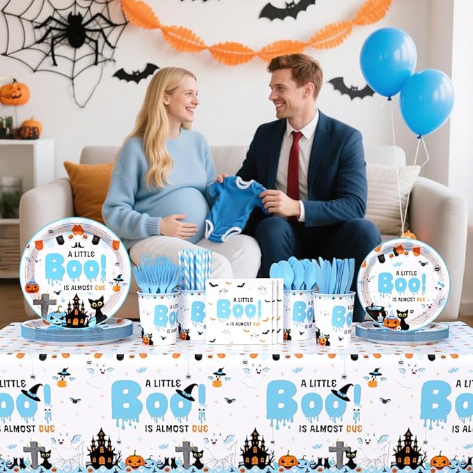 194Pcs Halloween Baby Shower Decorations for Boy A Little Boo is Almost Due Baby Shower Party Plates, Cup, Napkin, Tablecloth, Tableware, Halloween Themed Party Supplies Plates Serve 24 Guests