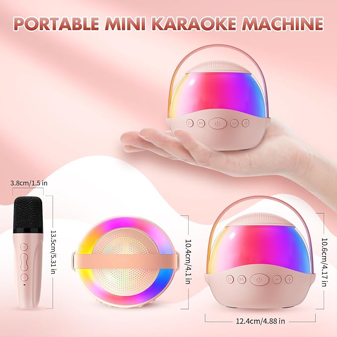 Mini Karaoke Machine Gifts for Kids Adults, Portable Karaoke Speaker with 2 Wireless Microphones, Kids Microphone with Speaker and LED Light, Birthday Gifts for Girls Boys 3-12+ Year Old (Pinkcolor)