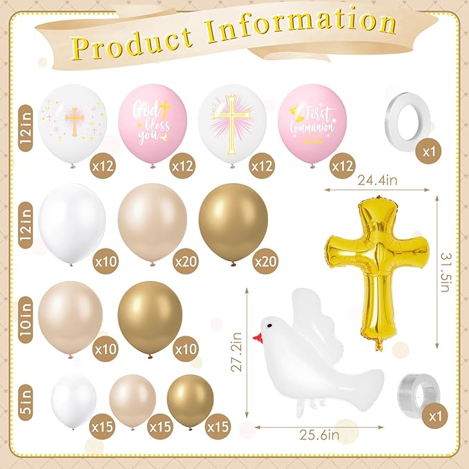 169 Pcs First Communion Decorations Balloons Kit Baptism Party Decorations Pink Metallic Gold Balloons Arch Kit First Holy Communion Decor for God Bless Christening Birthday Theme Party Supplies