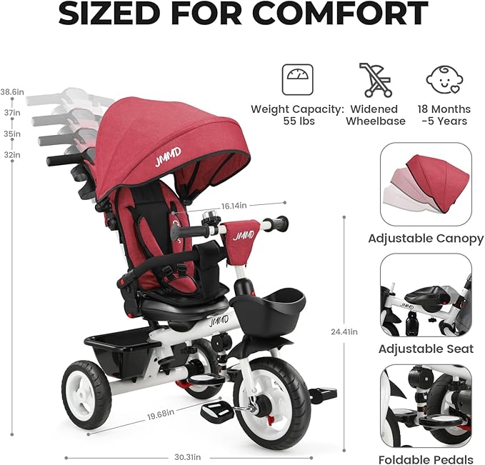 JMMD 7 in 1 Tricycle Stroller with Push Handle, Baby Trike with 360° Swivel Seat, Reclining Backrest, All-Terrain Wheels, Dual Brakes, Canopy & Storage, Gift for Kids 18 Months to 5 Years, Red
