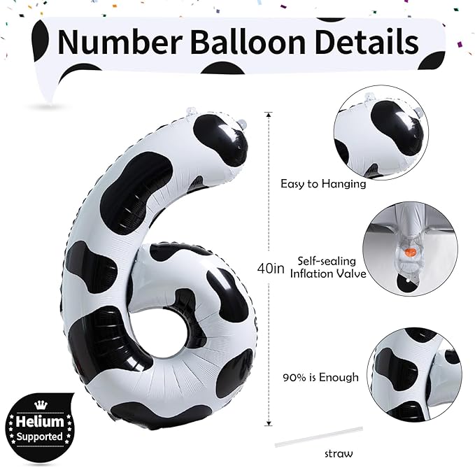 Giant Number Balloons 6, Cow Print Number 6 Balloons for Boys, 40 Inch Foil Helium Number Balloon for Girls 6th Birtyday Party Decor Farm Animal Theme Cowboy Cowgirl Theme Party Decoration Supplies
