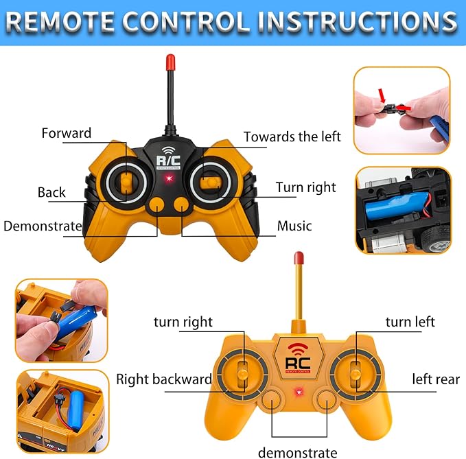 Remote Control Excavator and Dump Truck Toy Set - RC Construction Vehicles Toy with Barricades, Road Signs, Simulated Rocks, Lights and Sounds, Present for Toddlers 3-12 Year Boys Girls