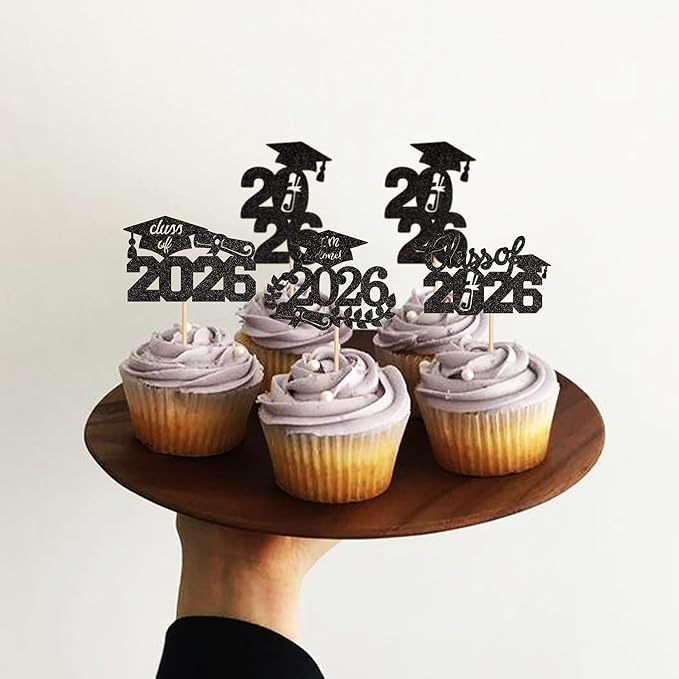 Graduation Cupcake Toppers 2026 Food/Appetizer Picks For Graduation Party Mini Cake Decorations 2026 Cupcake Toppers 24 Pcs (black)