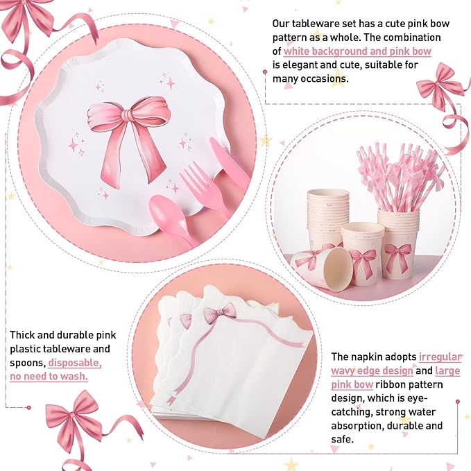 Sawysine 202 Pcs Pink Bow Party Supplies Serve 25 Disposable Dinnerware Set Coquette Birthday Decoration, 50 Bow Plates 25 Cups 25 Napkins 25 Plastic Forks 25 Knives 25 Spoons 25 Straw Flag Tablecloth