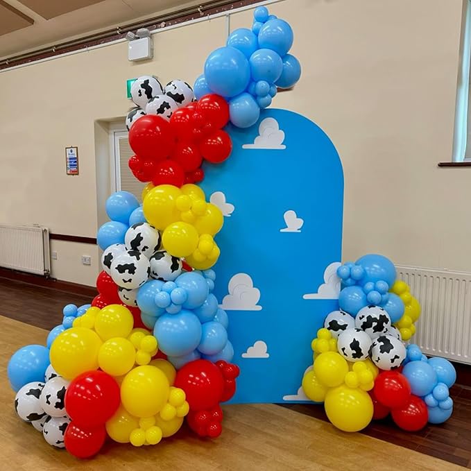 Toy Kids Birthday Balloons, 12 Inch Red Yellow Blue balloons With Cow Print Sky Light Blue Cloud Balloon, Lime Green Balloon for Toy Birthday Decorations Boys Girls Party Decorations