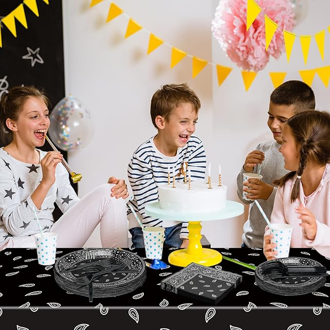 K1tpde 96PCS Cholo Bandana Party Tableware Set, Gangsta Theme Paper Plates, Western Cowboy Birthday Decorations Included Disposable Dinnerware Paper Napkins Forks, Cholo Bnadana Western Party Supplies