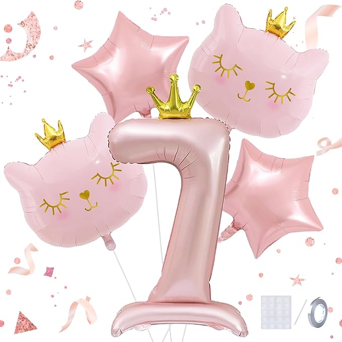 Pink Cat Balloon Set, Crown Cat Foil Balloon, 7 Year Old Girl Birthday Party Decoration,Theme Party Supplies for Girls Kitten Pet Cat (7)