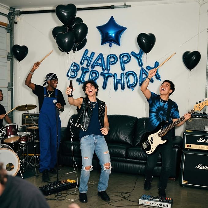 27 Pcs Blue Black Birthday Decorations, 3D Letters Blue Happy Birthday Balloon Banner, Pentagram Heart Foil Balloons Confetti Balloons Kit For Boys Girls Party Supplies