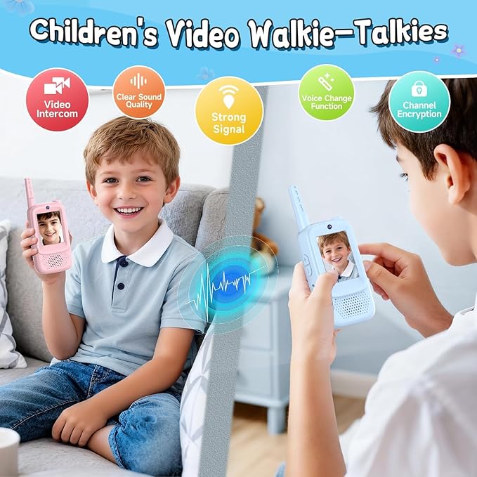 Video Walkie Talkies for Kids, 2 Pack Rechargeable with 400FT Range & 3-Day Battery, Kids Walkie Talkies for Outdoor Play, Camping, Hiking, Indoor Games for Boys and Girls Ages 3-12 (Blue/Pink)