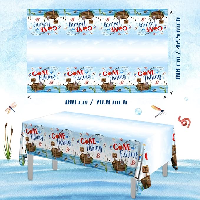 GREHUMOR 3Pcs Gone Fishing Tablecloth for Fishing Party Supplies Decoration Little Fisherman Themed Table Cover Plastic Disposable Rectangular Birthday Summer Party Decorations