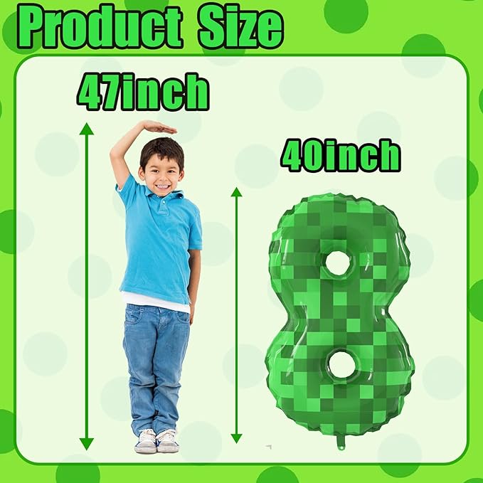 40 Inch Green Pixel Miner Theme Number Balloons Large Birthday Party Number Balloons Mining Gaming for Kids Birthday Party Decoration Supplies (Number 8)