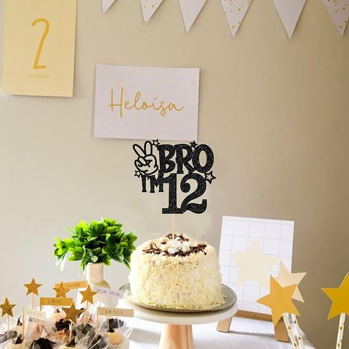 1 PCS Brother I'm 12 Cake Topper Glitter Star Happy 12th Birthday Cake Pick Bro I'm 12 Cake Decoration It's My 12th Birthday Decorations for Boys Cheers to 12 Years Old Birthday Party Supplies Black
