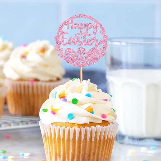 Ercadio 24Pcs Happy Easter Cupcake Toppers Glitter Pink Happy Easter Eggs Cupcake Picks for Easter Day Theme Baby Shower Easter Birthday Wedding Anniversary Party Cupcake Decorations
