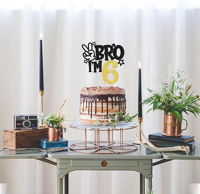 1 PCS Brother I'm 6 Cake Topper Glitter Star Happy 6th Birthday Cake Pick Bro I'm 6 Cake Decoration It's My 6th Birthday Decorations for Boys Cheers to 6 Years Old Birthday Party Supplies Gold