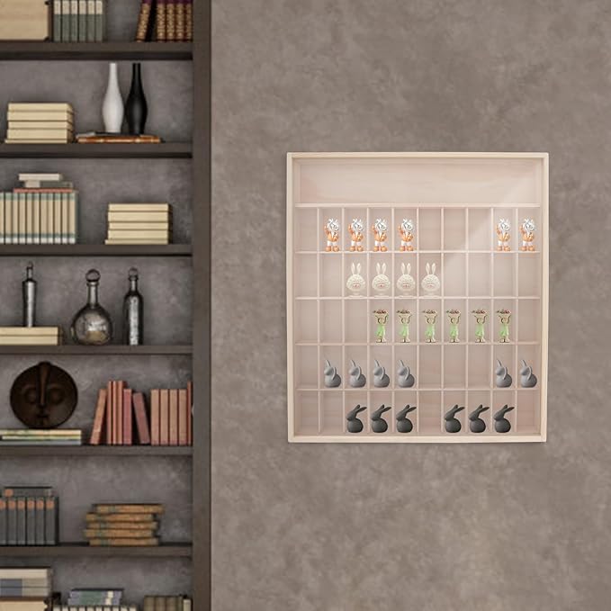 23x24 Wall Mount Wooden Display Shelves Rack for Action Figures - 50 Small Compartments, Acrylic Door, Pine Wood Shelf for Collectibles, Toys, Mini POPs - Dust-Proof Wall Storage & Home Decor