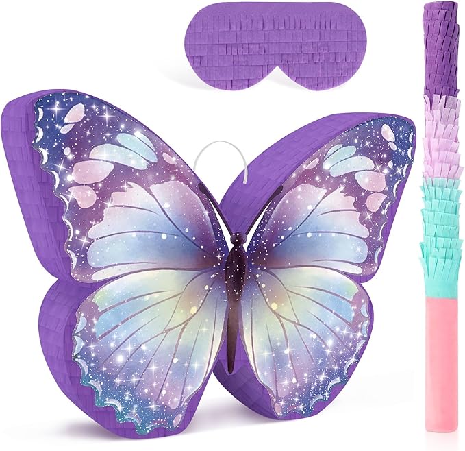 Butterfly Pinata with Stick & Blindfold Purple Pinata Large Funny Pinatas for Girls Boys Birthday Party Spring Party Butterfly Themed Parties Decoration