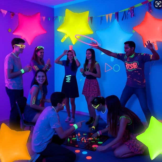 12 Pcs 22 Inches Star Glow in the Dark Neon Balloons Glow Party Supplies Neon Foil Balloons 90 80s Hip Hop for Halloween Christmas Birthday Wedding Anniversary Backdrop Decor