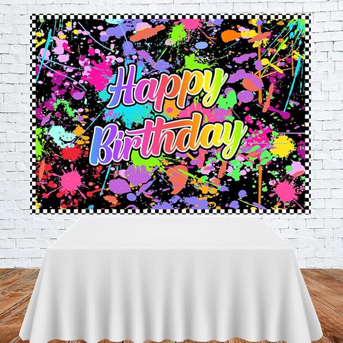 Lofaris Neno Glow in The Dark Birthday Backdrops for Photography Colorful Graffiti Splash Paint Party Background Slime Happy Birthday Theme Black Light Sleppover Party Decorations