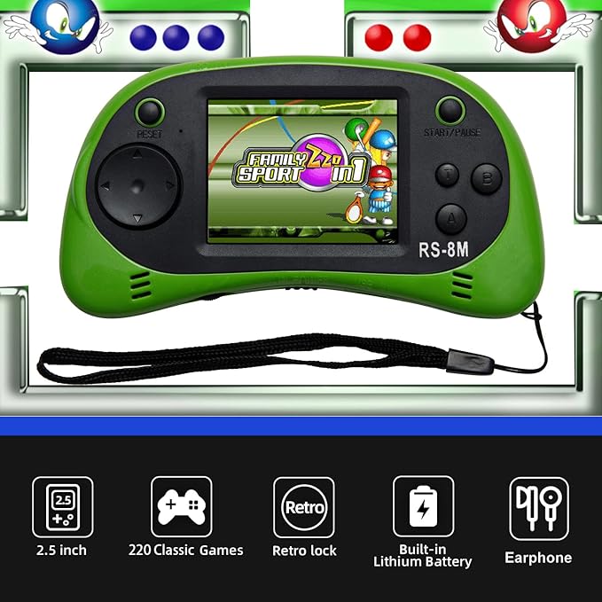 E-MODS GAMING Kids Handheld Games 16 Bit Retro Video Games Console with 220 HD Electronic Games - 2.5'' LCD Portable Travel Games Entertainment Gifts for Boys Girls Ages 4-12 (Lime Green)