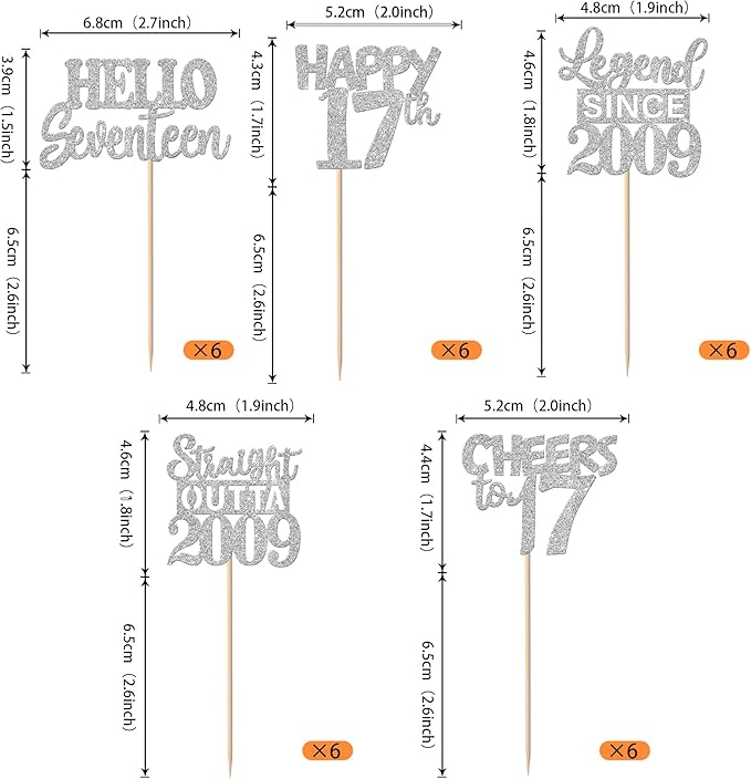 30PCS Silver 17th Birthday Cupcake Toppers Glitter Seventeen Happy 17th Straight Outta 2009 Cupcake Picks for Cheers to 17 Years Birthday Anniversary Party Cake Decorations Supplies