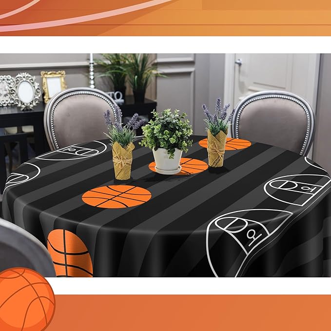 1 Pack Round Basketball Tablecloth 84 Inch Plastic Basketball Party Decorations Disposable Table Cloth Washable Disposable Circle Table Cover for Birthday Party Supplies Decoration