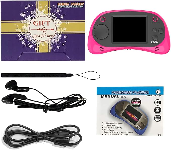EASEGMER 16 Bit Kids Handheld Games Built-in 220 HD Video Games, 2.5 Inch Portable Game Player with Headphones - Best Travel Electronic Toys for Kids Age 3-10 Years Old Children (Pink)