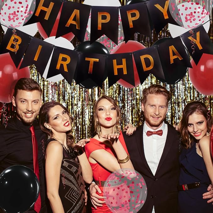 Happy Birthday Banner, Red Birthday Decoration, 16 pcs 12 inch Balloons with 2 Ribbons for Men Women Girls and Boys Party Decoration