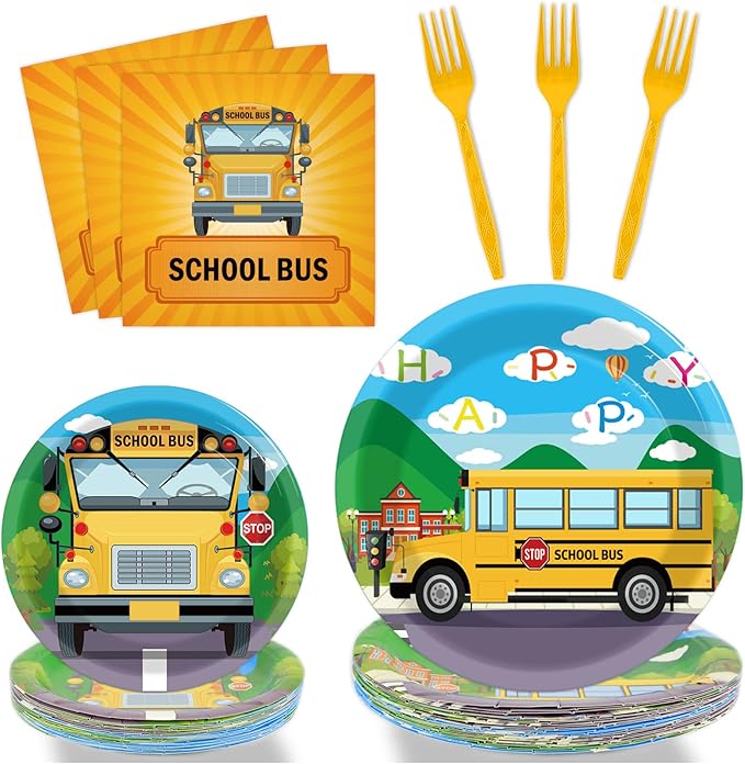 gisgfim 96 Pcs School Bus Party Plates and Napkins Party Supplies Back to School Birthday Party Tableware Set School Bus Decorations Favors for Birthday Baby Shower for 24 Guests