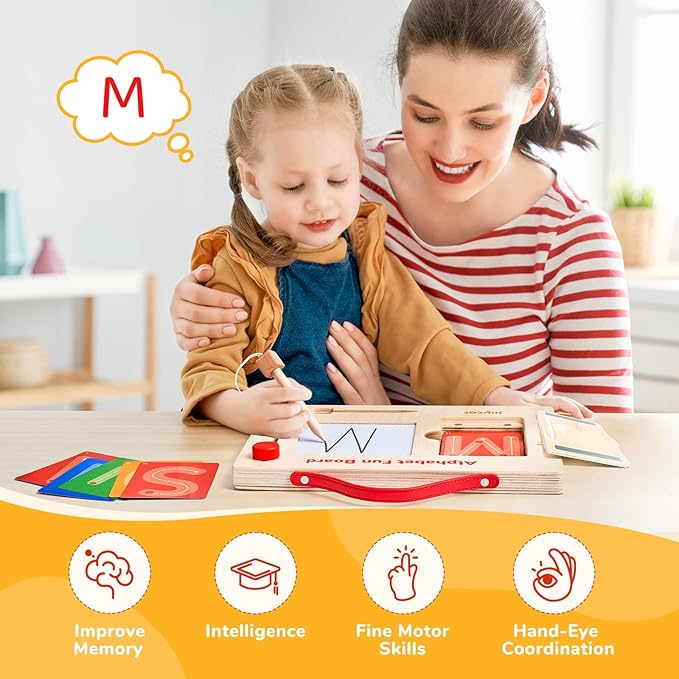 Joycat Magnetic Letter Tracing Board with Cards, Wooden Alphabet & Number Writing Tablet, Mess-Free Pre-Writing for Toddlers 3-5, Travel Activities for Preschool Learning