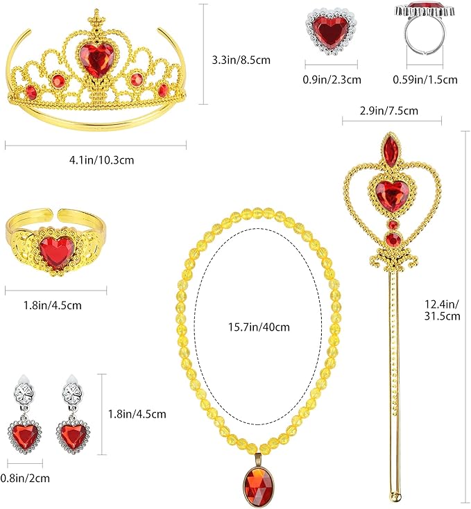 Princess Dress Up Party Accessories for Princess Costume Gloves Tiara Wand Necklace Earrings Bracelet and Ring Gift Set 9pcs (Yellow, Set of 7, 9pcs)