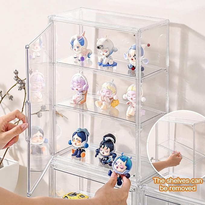 3 Tier Clear Display Case for Figures, Wall-Mounted Acrylic Storage Organizer Box, Stackable Display Cabinet with Magnetic Door & Removable Shelves, Showcase for Collectibles, Figures