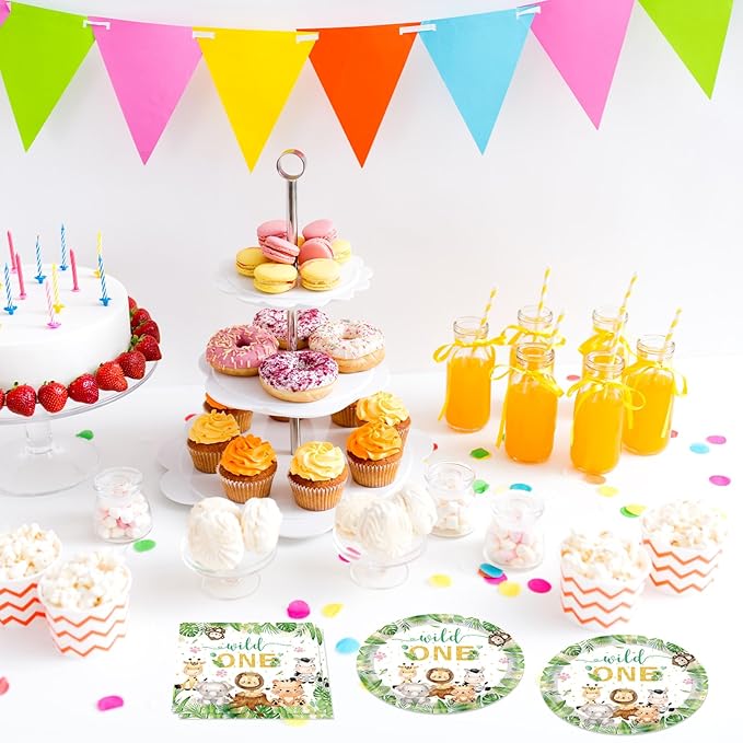 40PCS Wild One Birthday Decorations First Birthday Party Jungle Animal Safari Baby Shower Woodland themed Tableware Set Include Paper Plates, Napkins for Boys 1st Kids Wild One Party Supplies