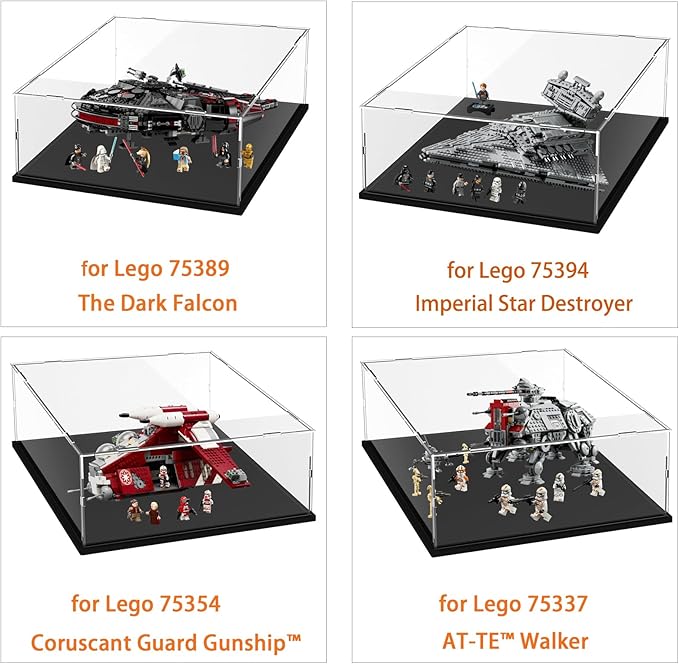 Thickened Clear Acrylic Display Case for Lego 75394 Star Destroyer 75389 Dark Falcon 75337 AT-TE Walker 75354 Collectibles, Box Large Dustproof with Wooden Base & Light, Black Inside 19.7x15.7x7.9inch