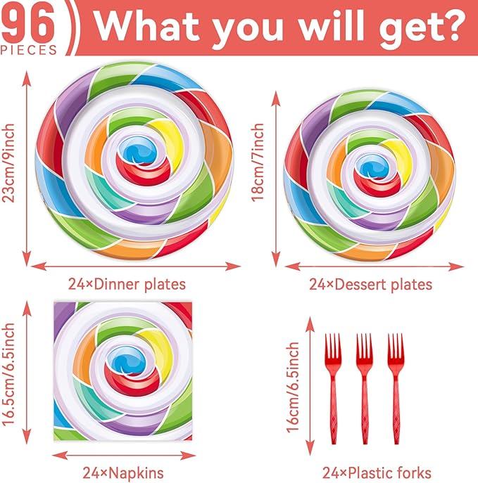96pcs Candyland Party Supplies for 24 Guests Sweet Candy Tableware Set Lollipop Plates Napkins Dinnerware Table Decorations for Birthday Pink Donut Party Favors