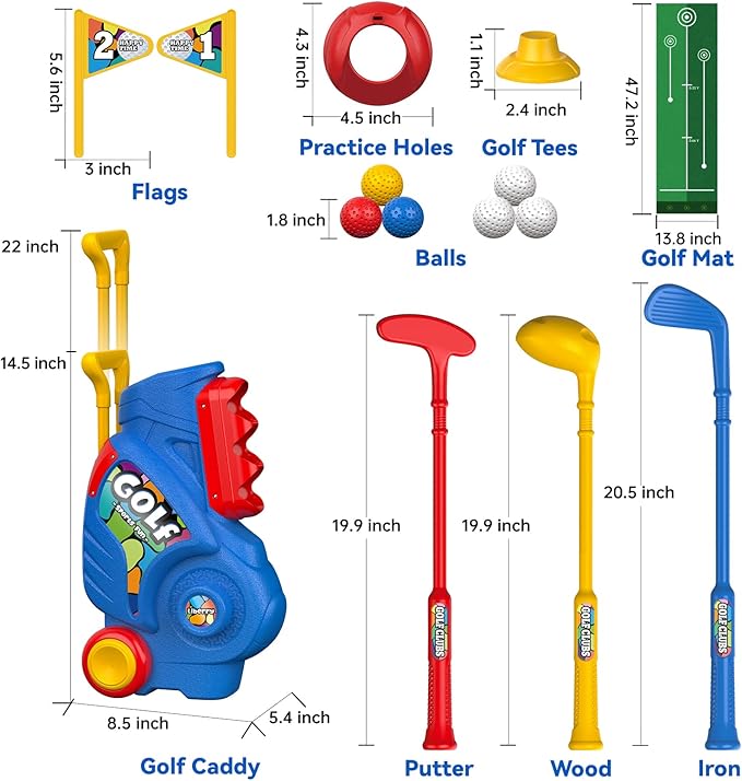 Liberry Toddler Golf Set with Putting Mat for 2 3 4 Years Old Boys Girls, Upgraded Kids Golf Cart with Unique Shoulder Strap Design, Indoor and Outdoor Golf Toys Gifts