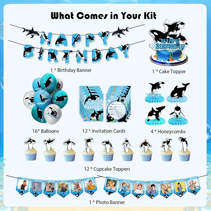 Orca Birthday party Decorations Killer Whale theme party Supplies Include Banner Balloons Cake Topper Cupcake Toppers Invitation Cards Tabletop Honeycomb Decorations