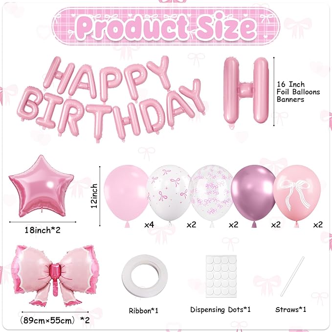 29PC Bow Happy Birthday Balloon Banner, 16Inch 3D Aluminum Letter Banner Sign, White Pink Printed Balloon 18 Inch Pink Star Foil Balloons for Bow Birthday Party Decorations