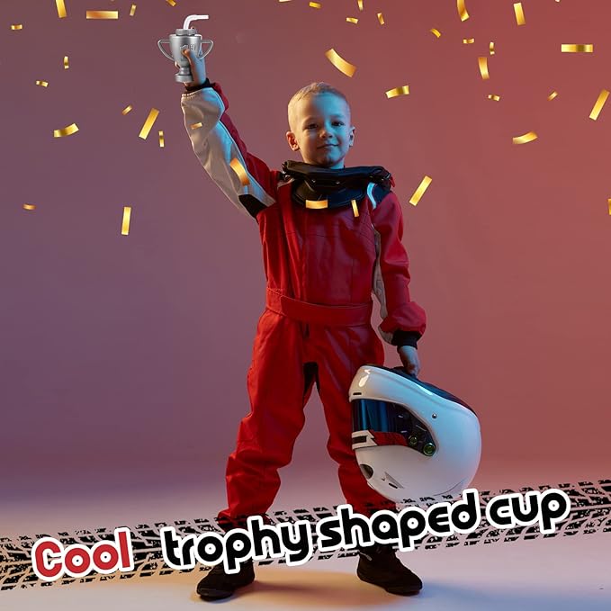 Amyhill 12 Pcs Race Car Trophy Cups With Straws and Lids 12 Oz Plastic Race Car Birthday Party Supplies And Favors For Kids Adults Props Rewards Winning Prizes Competitions (Silver)