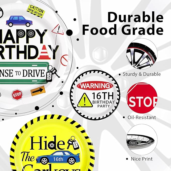 Grencian 60Pcs Drivers License 16th Birthday Paper Plates 9" Large Heavy Duty Car Themed Road Platters Colors New Driver Dessert Plates for Boys Teens 16 Years Old Birthday Cars Party Decorations