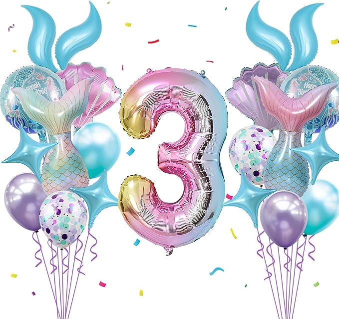 Mermaid Birthday Decorations 40 Inch Giant 3 Years Old Foil Balloons Kit for Girls Under The Sea Theme Party 21Pcs Balloons for Birthday Anniversary Baby Shower Party Decorations Supplies