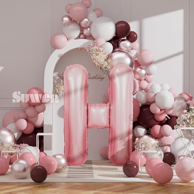 SUWEN 40 Inch Pink Large H Letter Balloons Big Foil Helium Letter Balloons A-Z Jumbo Mylar Happy Birthday Party Decorations for Girl Anniversary Party Supplies