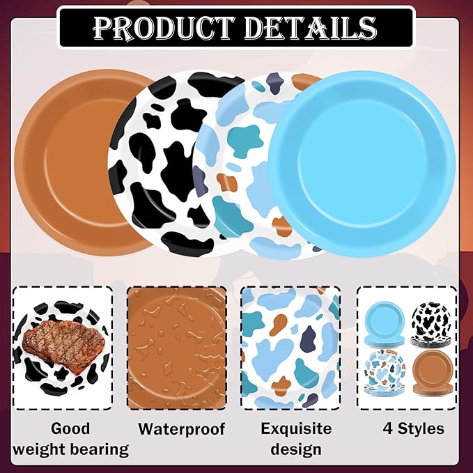 CHUNNIN 48Pcs Western Cowboy Party Paper Plates 7” Toy Blue Brown Cartoon Story Party Supplies Cow Print Disposable Dinner Plate for Western Theme Farm Birthday Baby Shower Farmhouse Party Decorations