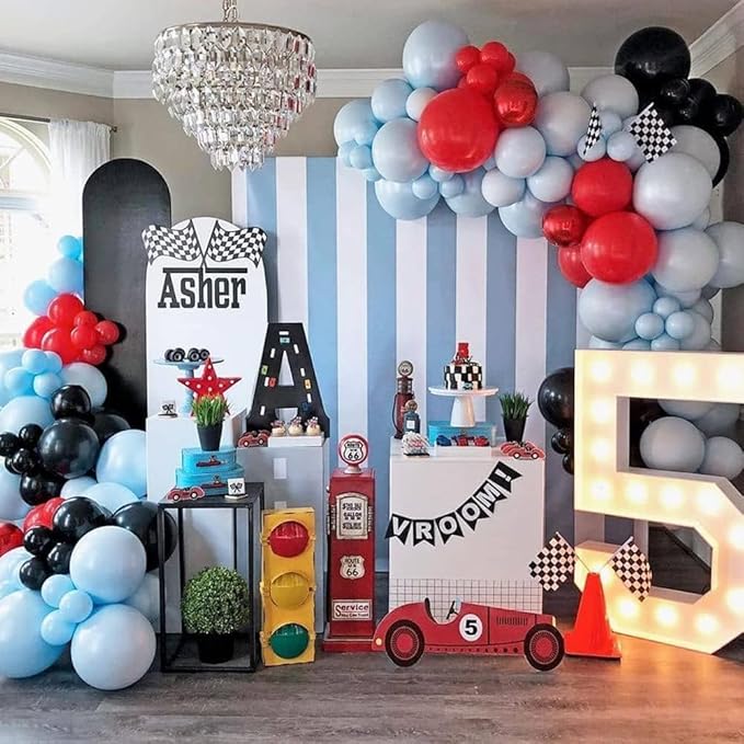 Race Car Balloons Arch Garland Kit 148PCS Red Blue Black Checkered Flag Foil Balloon Racing Car Theme Two Fast 2nd Birthday Party Supplies for Boys