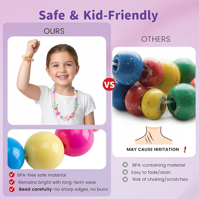 BigOtters Little Girls Necklace Bracelet, 6 Sets Lovely Colorful Beads Jewelry Princess Dress up for Toddlers Pretend Play Party Costume, Party Favors Bags for Kids