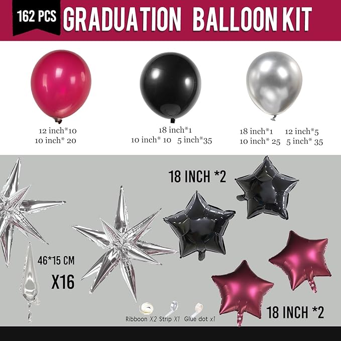 Black Maroon and Silver Balloon Garland Arch Kit 160+ Pieces with Maroon and Silver Stars for 2026 Graduation Class Decorations Birthday Party Retirement Prom Masquerade Anniversary Decorations