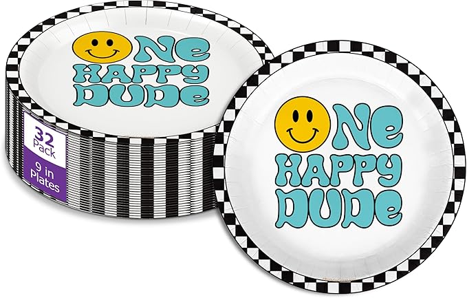 One Happy Dude Smiley Face First Birthday - 32 Piece Disposable Party Supplies - Decorations for Boy's 1st Birthday Round Party Plates - Large 9" Paper Plates In Bulk