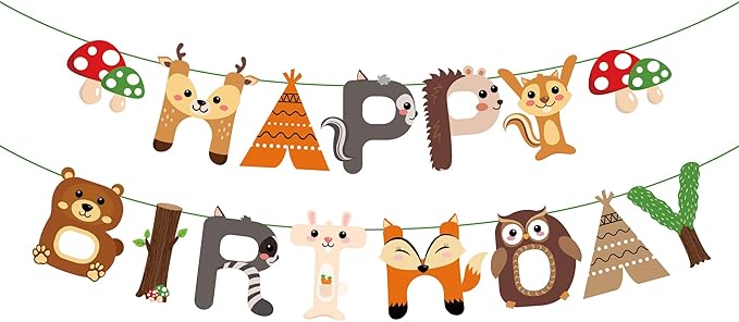 CC HOME Woodland Creature Birthday Banner,Woodland Animals Happy Birthday Forest Friend Animal Banner for Kids,Boys,Baby Shower,Birthday Party Decoration
