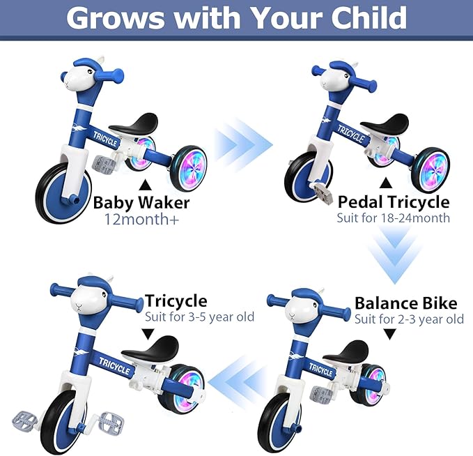 Toddler Balance Bike for Boys Girls, Tricycle for Toddlers 1-5 Year Olds, Toddler Tricycle with Light & Music Front, Kids Bicycle with Removable Pedal, Birthday Gifts for Kids (Flash Wheel Blue)