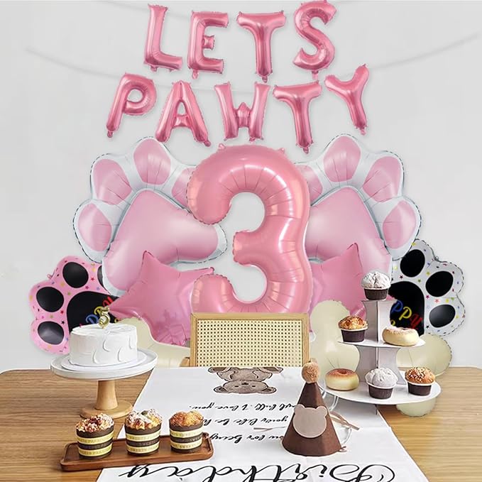 3rd Dog Balloons 18pcs Lets Pawty Balloons Dog Paw Birthday Decor Pink 32 inch Pink Number Balloons 3 Mylar Foil Balloons for Lets Pawty Birthday Decorations Dog 3rd Birthday Party Supplies